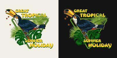 Triangle label with toucan bird, tropical foliage vector