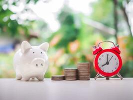 Time is money concept. Red alarm, Piggy bank and stack of coins. Save money for prepare in the future. photo