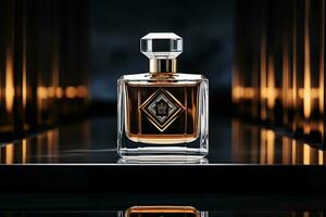 perfume bottle mockup for perfume product on the table dark and luxury background photo