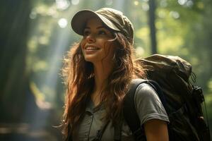 portrait of hiker woman on the nature background photo
