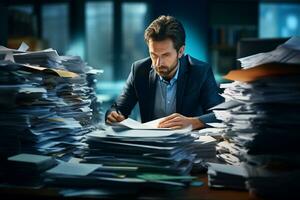 un hombre difícil trabajando con un lote de papel en trabajo mesa foto