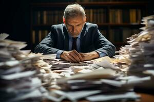 a man hard working with a lot of paper on work table photo