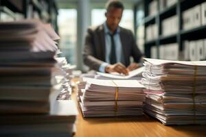 a man hard working with a lot of paper on work table photo