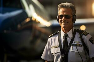 a pilot man portrait with airplane on the background photo