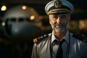 a pilot man portrait with airplane on the background photo