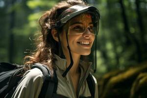 portrait of hiker woman on the nature background photo