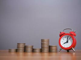Red alarm on stack of coins. The concept of saving money for manage time to success business. photo