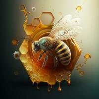 A bee on a honeycomb. Logo on a dark background. A modern fantastic image of a bee with drops of honey. Generative AI photo