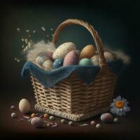 Basket with eggs for Easter. Generative AI photo