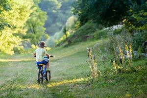 el pequeño chico en un a rayas traje va en un bosque la carretera. niño en un protector bicicleta casco montando un azul bicicleta. foto