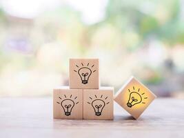 Wooden block with light bulb and wooden block with question mark for leadership, creative, idea, innovation concept. photo
