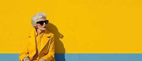 An elderly stylishly dressed woman in sunglasses on colored background. Banner format. AI Generated photo