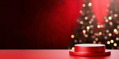 Empty red podium on a red banner background with blurred bokeh Christmas tree. Copy space. Pedestal or stage mock up for your product. photo