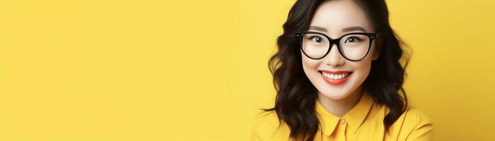 Smiling asian woman in glasses on yellow banner background with copy space. AI Generated photo