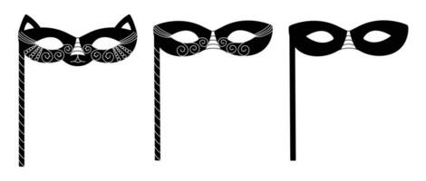 Black masquerade masks with sticks, black and white vector illustration set