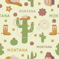 Montana seamless pattern in boho style, color vector background with a cactus-cowboy