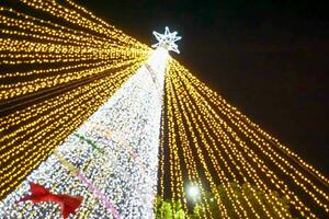 Look up view blurred and bokeh of Christmas tree lighting on night time background. photo