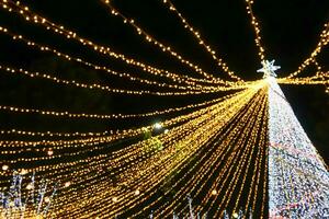 Look up view blurred and bokeh of Christmas tree lighting on night time background. photo