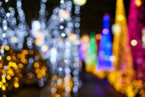 Blurred and bokeh of Christmas holiday lighting on night time background. photo