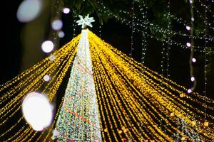 Scene of blurred and bokeh Christmas tree lighting on night time background. photo