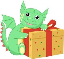 cute green dragon with a big gift, hugging and rejoicing, holidays, year of the dragon 2024, vector illustration