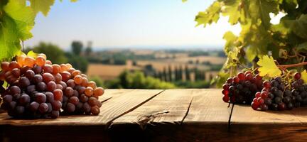 3d rendered Wooden table with fresh red grapes and empty space ai generative photo