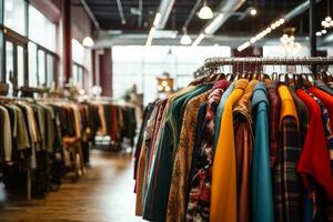 Multi colored garments hanging on coat hangers in store  ai generative photo