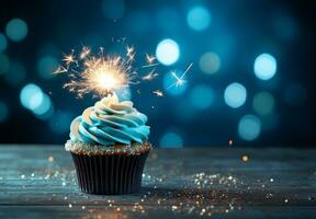 Birthday cupcake with a candle and festive tinsel decoration on a blue background with copy space  ai generative photo