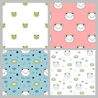 Set of Cute Little Frog queen seamless patterns. Hand drawn Little Toad in doodle style for designing baby clothes. Cartoon Bohemian nursery print. Kids design texture. Vector illustration.