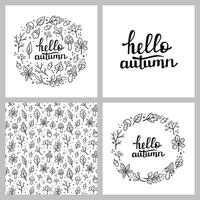 Autumn seamless pattern, HELLO AUTUMN handwritten lettering, round frame. Autumn decorative round design with Autumn elements. Vector illustration in Doodle style. Fall designs.