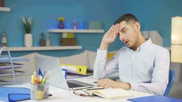 Home office worker man feels physical good. video