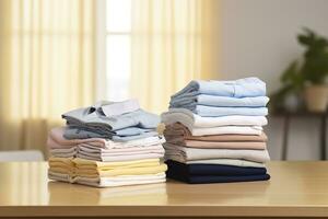Stack of clean clothes on table in room. Generative AI photo