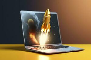 Launching a new product or service. Technology development process. Space rocket launch. 3d render. Yellow rocket lift up from the display laptop. AI Generative photo