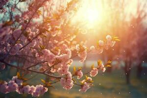 Spring blossom background. Nature scene with blooming tree and sun flare. Generative AI photo