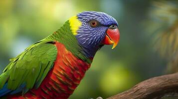 Side view Closeup of beautiful and colorful Lorikeet Green naped bird. Generative AI photo