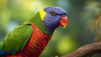 lado ver de cerca de hermosa y vistoso lorikeet verde nuca pájaro. generativo ai foto