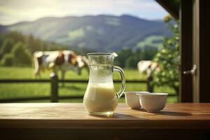 Glass pitcher with fresh milk on a wooden table. AI Generated photo