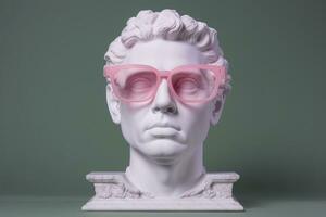 The head of a white mythological statue with fashionable pink glasses on his eyes, frame in profile. AI Generative photo