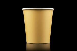 Side view yellow empty disposable paper fast food cup isolated on black background. Generative AI photo
