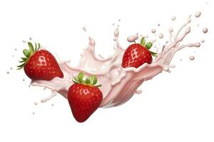 milk or yogurt splash with strawberries isolated on white background, 3d rendering. AI Generated photo