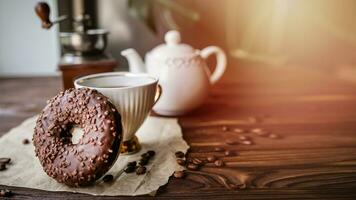 Chocolate doughnut for morning breakfast. White vintage Coffee Cup With Beans On Rustic Table photo