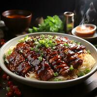 Crispy Pork Noodles and Red Pork and Beef Noodles Generate AI photo