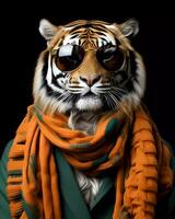 AI Generated Close up photo of tiger with scarf. Copy space.