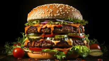 Beef burger on black and white background Generate AI photo