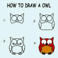 Step by step to draw a Owl. Drawing tutorial a Owl. Drawing lesson for children. Vector illustration.