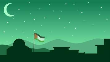 Palestine landscape vector illustration. Silhouette of al aqsa mosque in the night with crescent moon and star. Landscape illustration of palestine for background or wallpaper