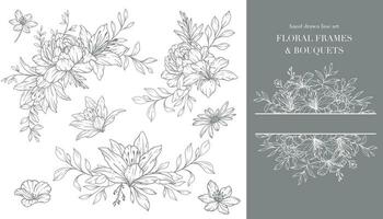 Wildflowers Line Art. Floral Frames and Bouquets Line Art. Fine Line Wildflowers Frames Hand Drawn Illustration. Hand Drawn Outline Wildflowers. Botanical Coloring Page. Wildflowers Isolated vector