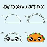 Step by step to draw a Cute Taco. Drawing tutorial a Cute Taco. Drawing lesson for children. Vector illustration.