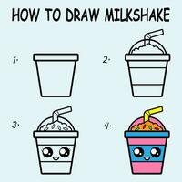 Step by step to draw a Milkshake. Drawing tutorial a Milkshake. Drawing lesson for children. Vector illustration.