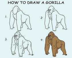 Step by step to draw a Gorilla. Drawing tutorial a Gorilla. Drawing lesson for children. Vector illustration